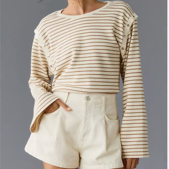 Maeve Button Shoulder Striped Top Cream Tan M Worn Once Detachable Sleeves - Picture 1 of 6